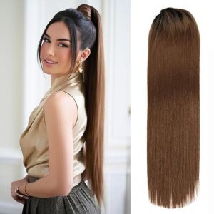 Straight Ponytail Extension Drawstring Ombre Brown LongClip-in Hairpiece For Black Women Synthetic Hair ExtensionsNatural Fit